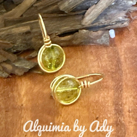 Lemon yellow Tourmaline spheres dangle drop gold spheres earrings - Picture 2 of 9